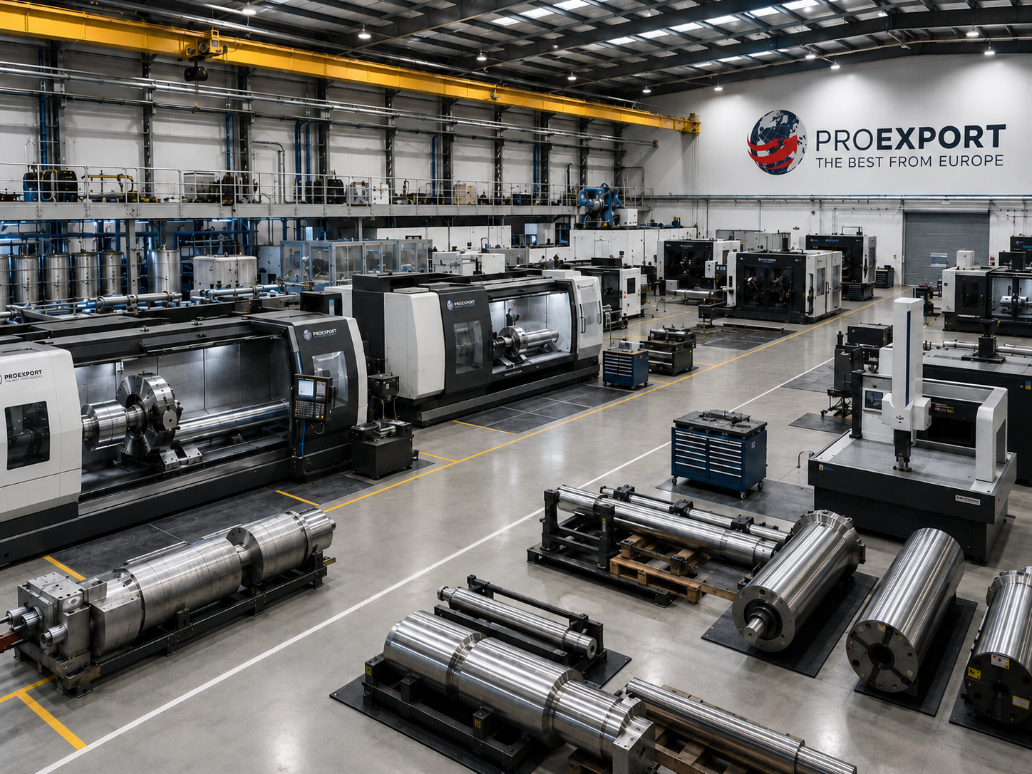 Park maszynowy PROEXPORT z obrabiarkami CNC i dużymi detalami przemysłowymi